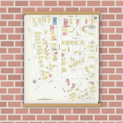 Old map wall art mockup — magnetic wood frame on brick wall — Sanborn Fire Insurance Map from Adrian, Lenawee County, Michigan (1908), Sheet #0010