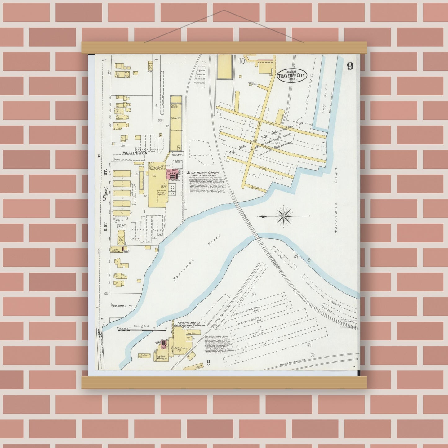 Old map wall art mockup — magnetic wood frame on brick wall — Sanborn Fire Insurance Map from Traverse City, Grand Traverse County, Michigan (1899), Sheet #0009