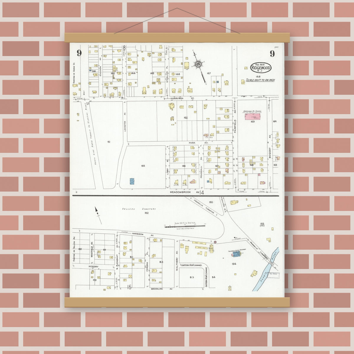 Old map wall art mockup — magnetic wood frame on brick wall — Sanborn Fire Insurance Map from Ridgewood, Bergen County, New Jersey (1928), Sheet #0009
