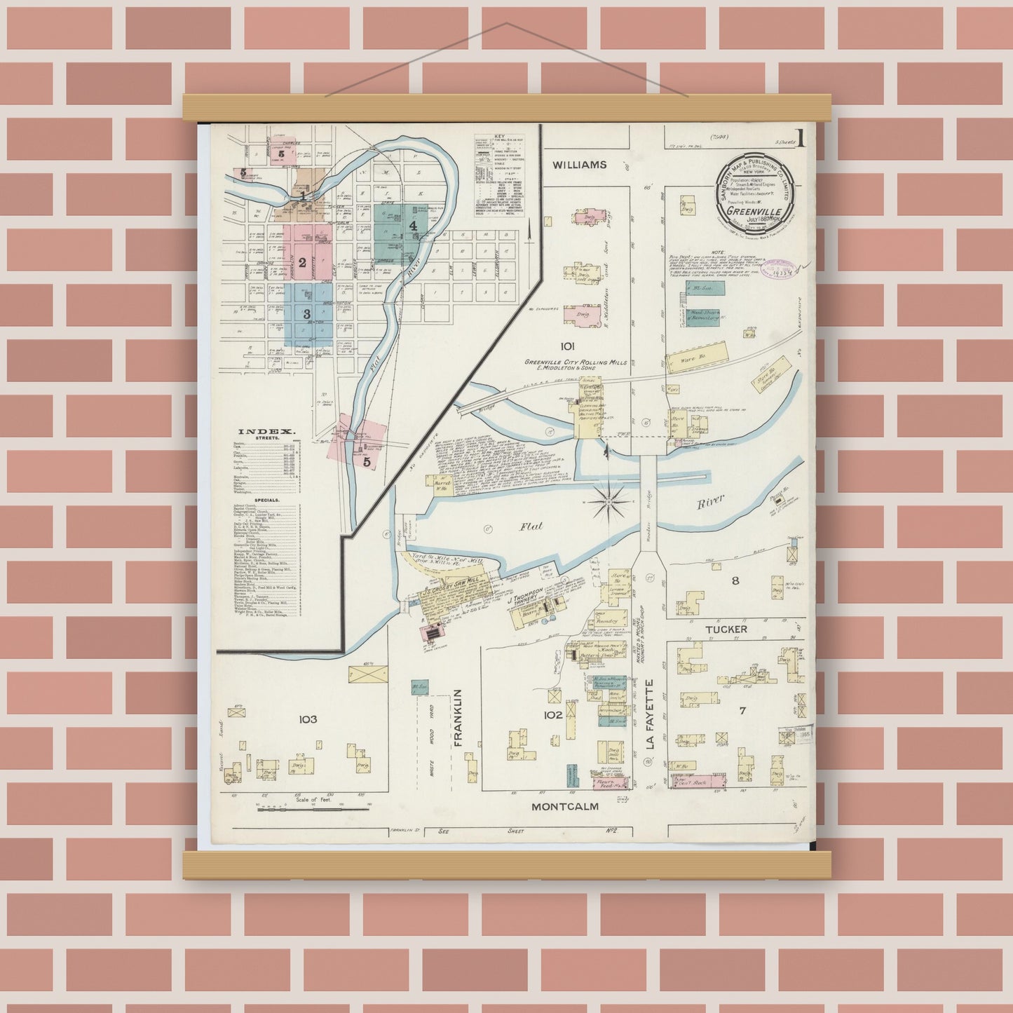 Old map wall art mockup — magnetic wood frame on brick wall — Sanborn Fire Insurance Map from Greenville, Montcalm County, Michigan (1887) - Complete Map Set