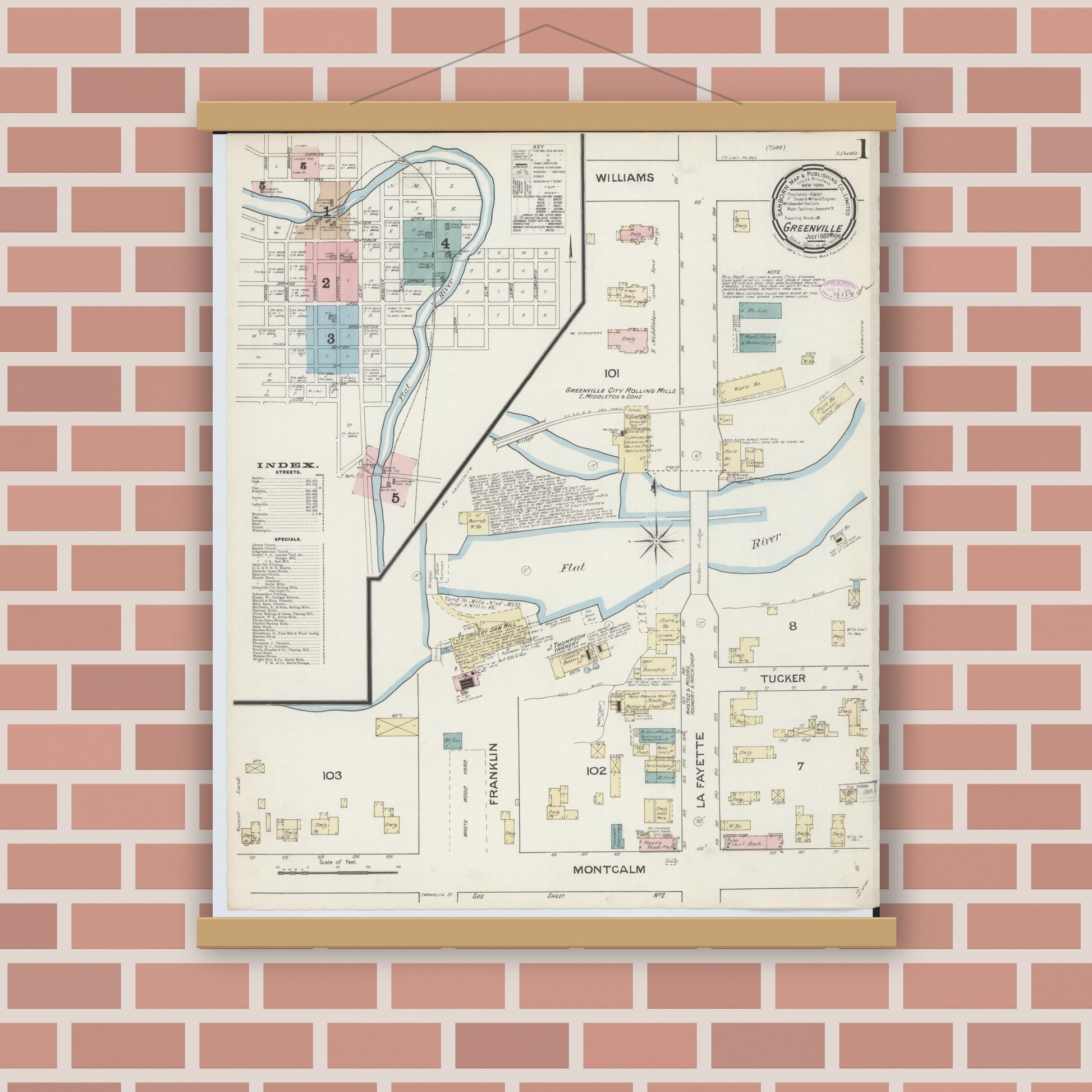 Old map wall art mockup — magnetic wood frame on brick wall — Sanborn Fire Insurance Map from Greenville, Montcalm County, Michigan (1887) - Complete Map Set