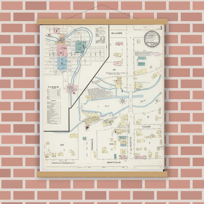 Old map wall art mockup — magnetic wood frame on brick wall — Sanborn Fire Insurance Map from Greenville, Montcalm County, Michigan (1887) - Complete Map Set