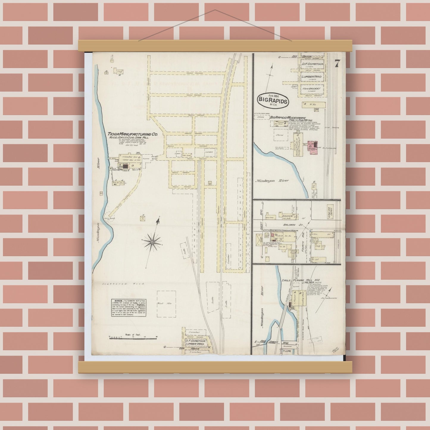 Old map wall art mockup — magnetic wood frame on brick wall — Sanborn Fire Insurance Map from Big Rapids, Mecosta County, Michigan (1884), Sheet #0007