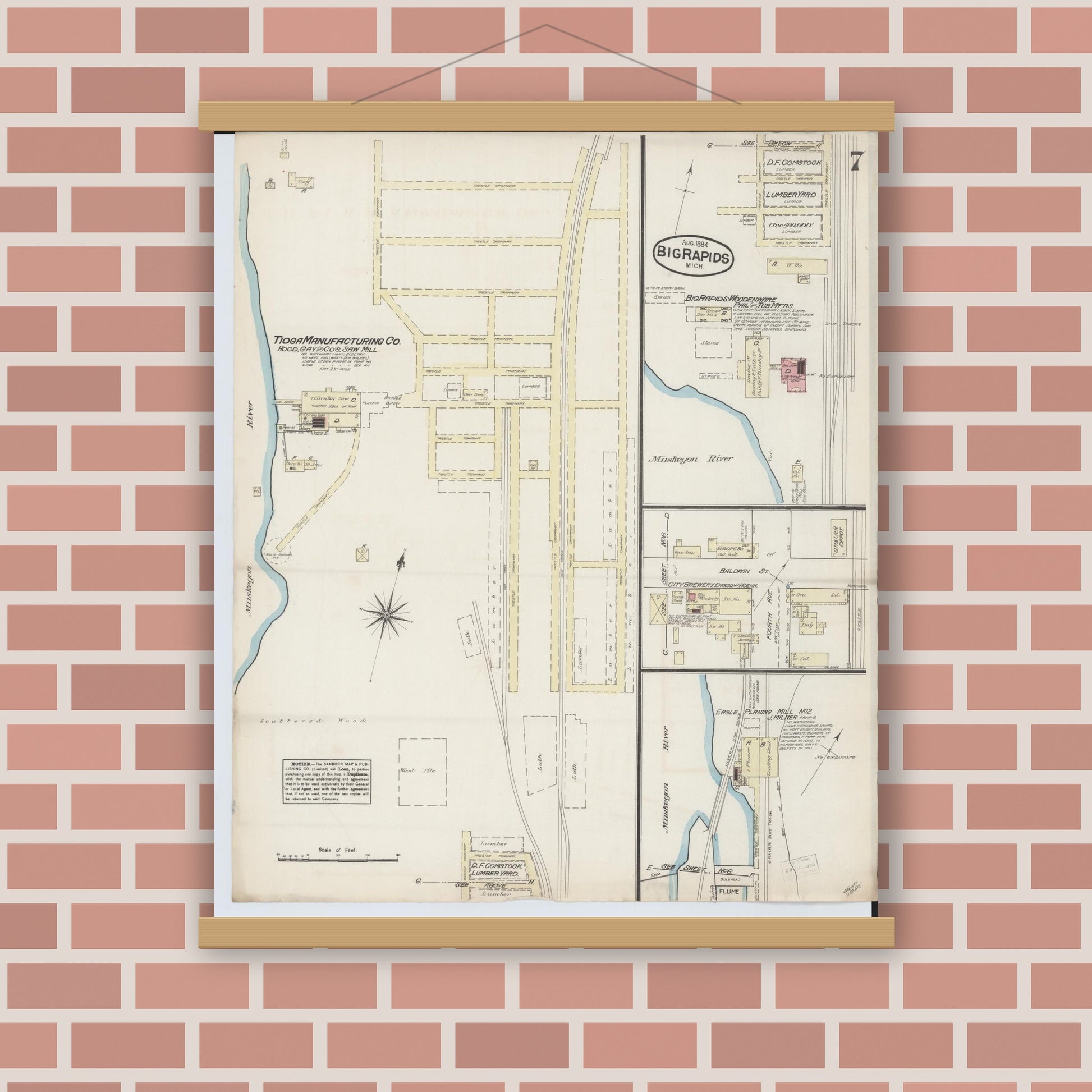 Old map wall art mockup — magnetic wood frame on brick wall — Sanborn Fire Insurance Map from Big Rapids, Mecosta County, Michigan (1884), Sheet #0007