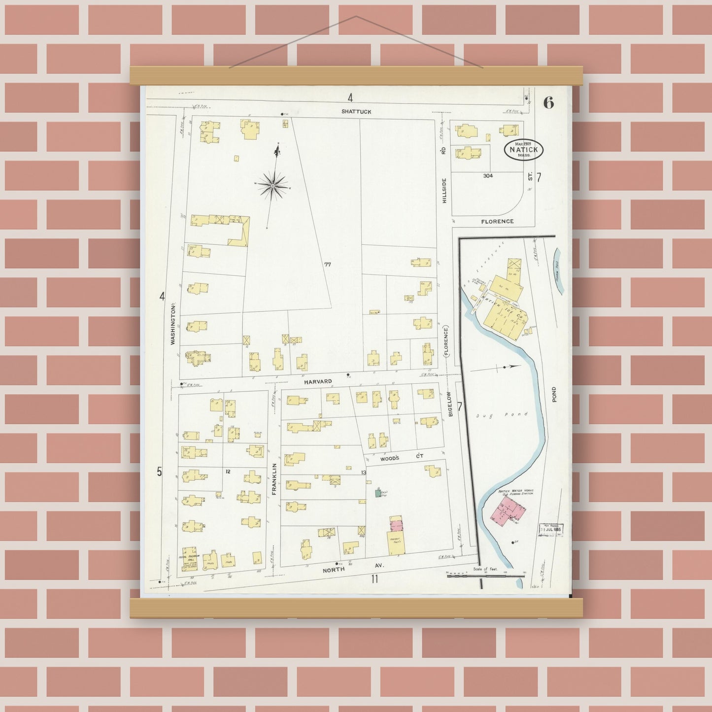 Old map wall art mockup — magnetic wood frame on brick wall — Sanborn Fire Insurance Map from Natick, Middlesex County, Massachusetts (1909), Sheet #0006