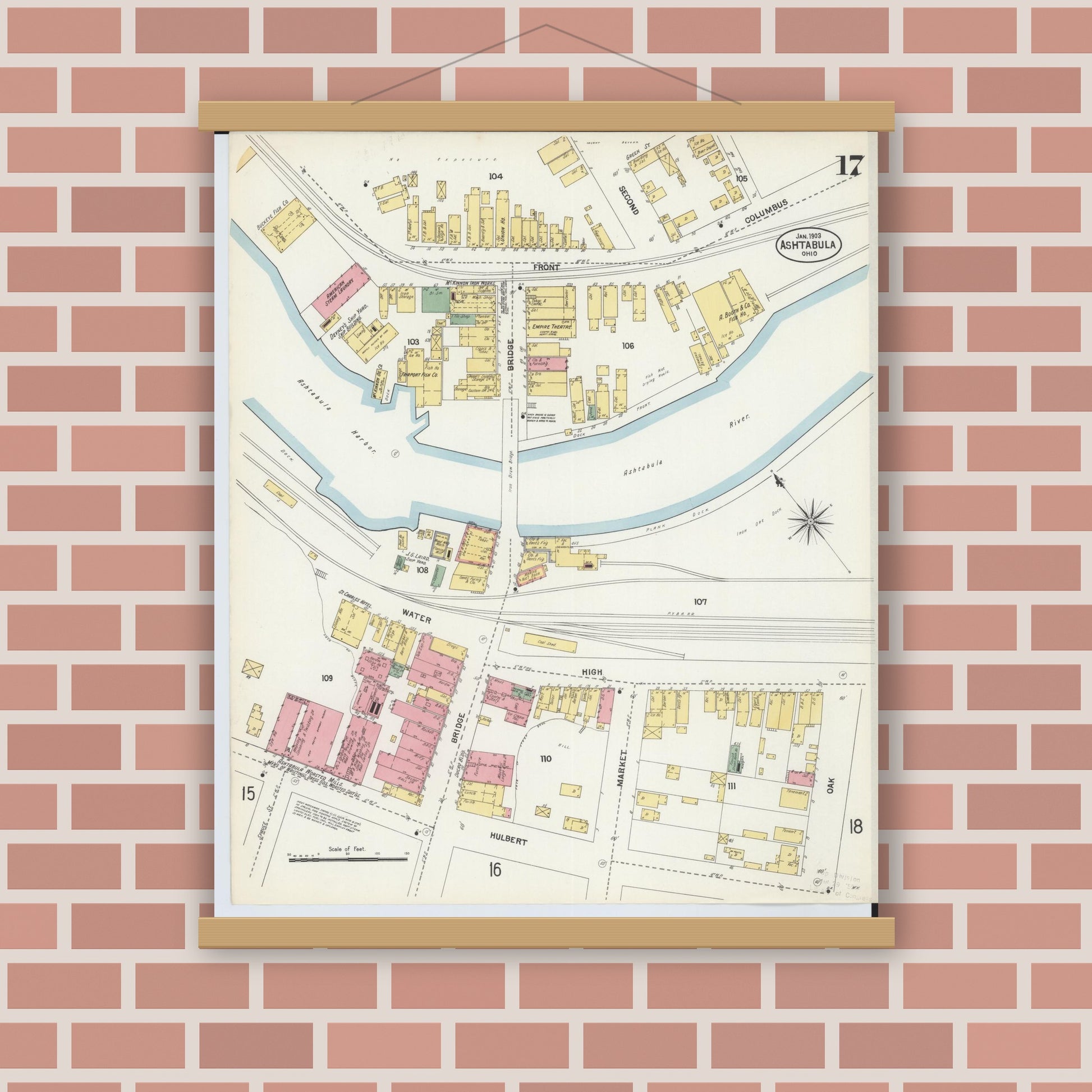 Old map wall art mockup — magnetic wood frame on brick wall — Sanborn Fire Insurance Map from Ashtabula, Ashtabula County, Ohio (1903), Sheet #0017