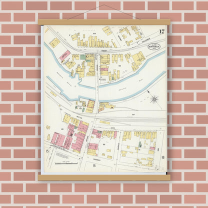 Old map wall art mockup — magnetic wood frame on brick wall — Sanborn Fire Insurance Map from Ashtabula, Ashtabula County, Ohio (1903), Sheet #0017