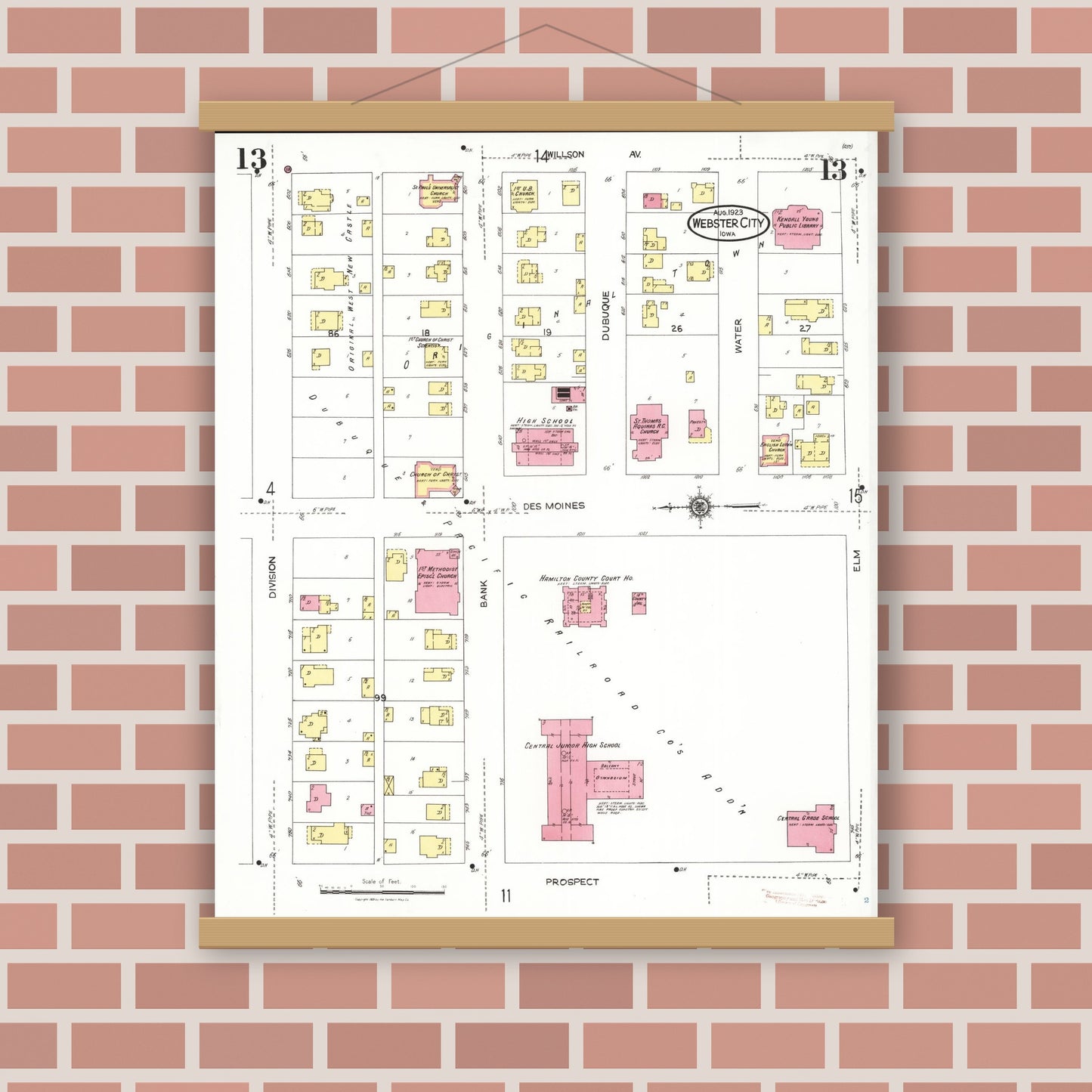 Old map wall art mockup — magnetic wood frame on brick wall — Sanborn Fire Insurance Map from Webster City, Hamilton County, Iowa (1923), Sheet #0013