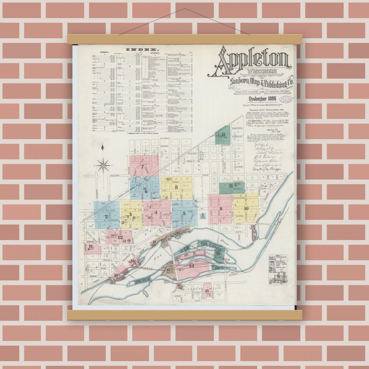 Old map wall art mockup — magnetic wood frame on brick wall — Sanborn Fire Insurance Map from Appleton, Outagamie County, Wisconsin (1886) - Complete Map Set