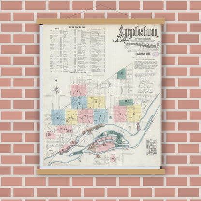 Old map wall art mockup — magnetic wood frame on brick wall — Sanborn Fire Insurance Map from Appleton, Outagamie County, Wisconsin (1886) - Complete Map Set