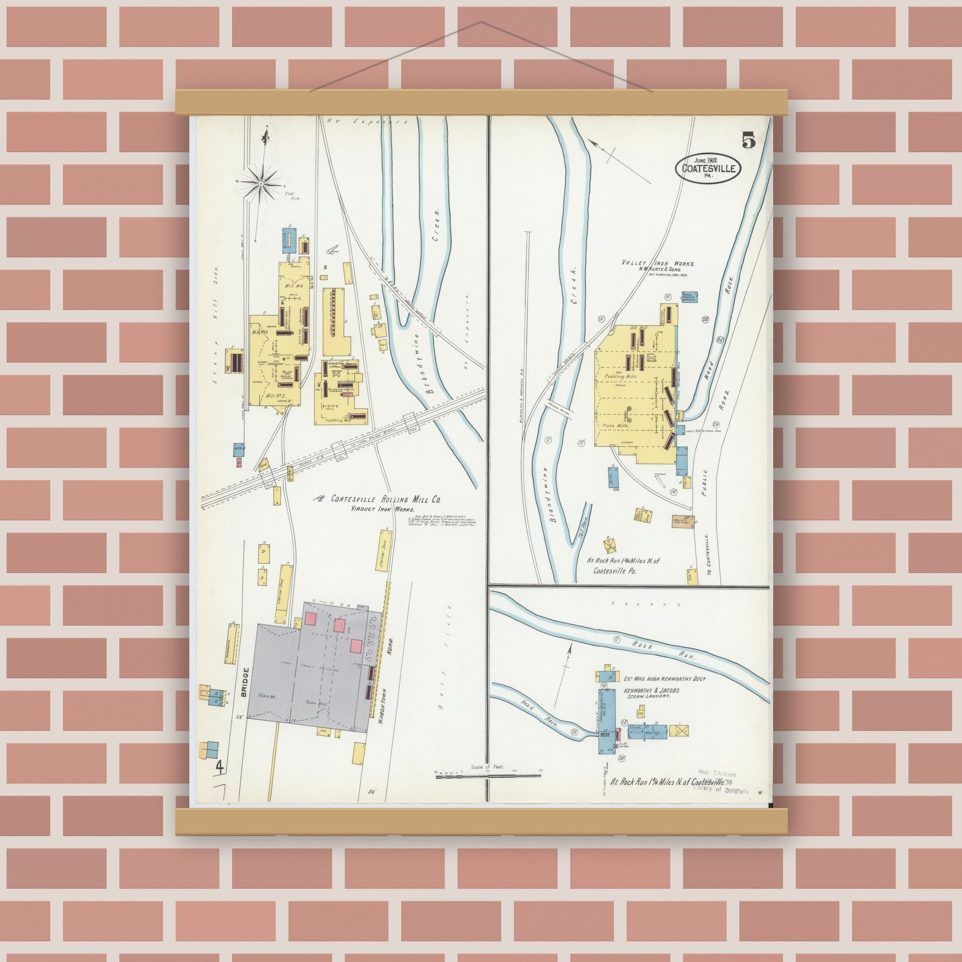 Old map wall art mockup — magnetic wood frame on brick wall — Sanborn Fire Insurance Map from Coatesville, Chester County, Pennsylvania (1902), Sheet #0005