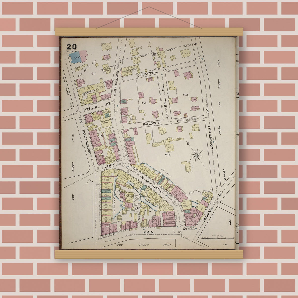 Old map wall art mockup — magnetic wood frame on brick wall — Sanborn Fire Insurance Map from Yonkers, Westchester County, New York (1886), Sheet #0020