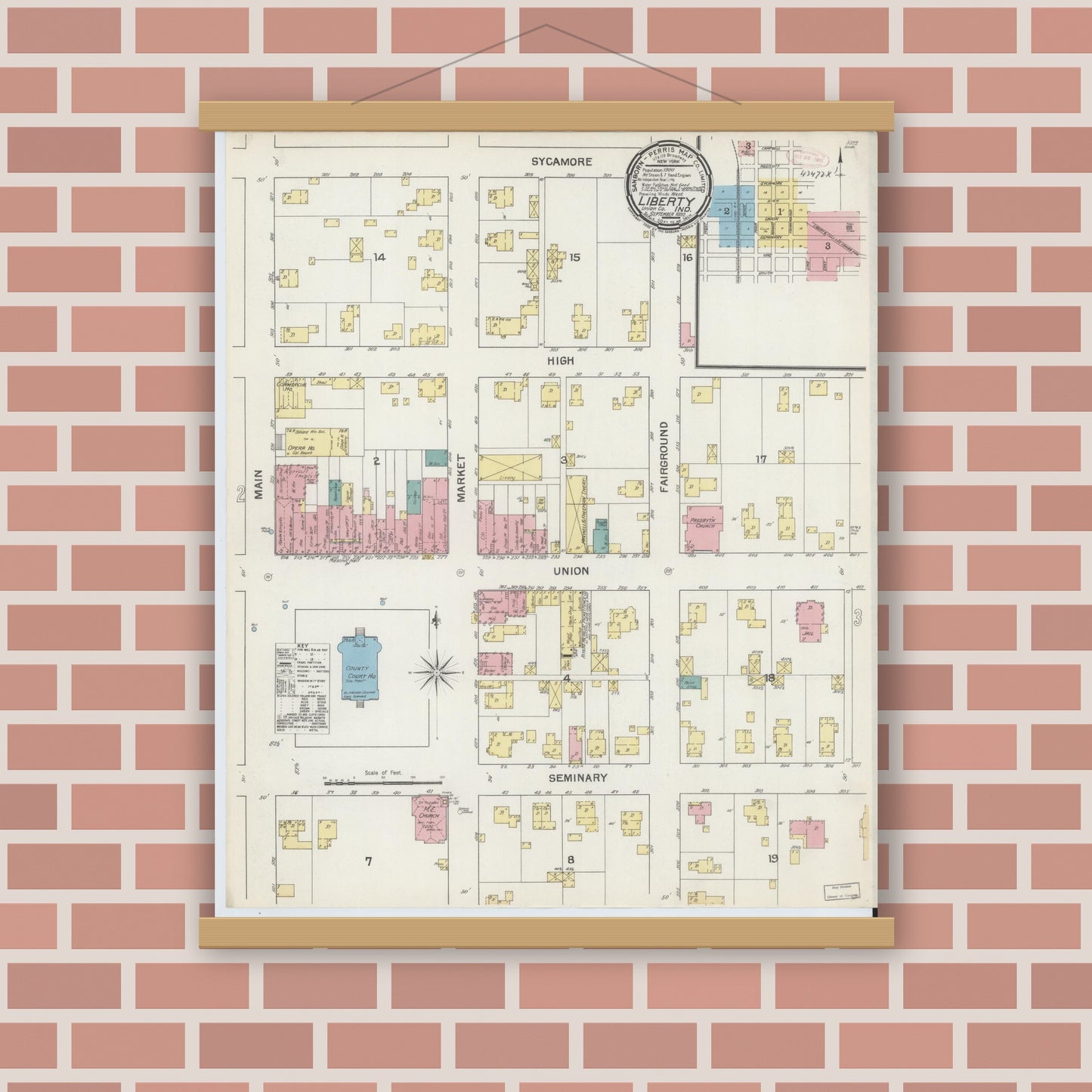 Old map wall art mockup — magnetic wood frame on brick wall — Sanborn Fire Insurance Map from Liberty, Union County, Indiana (1892) - Complete Map Set