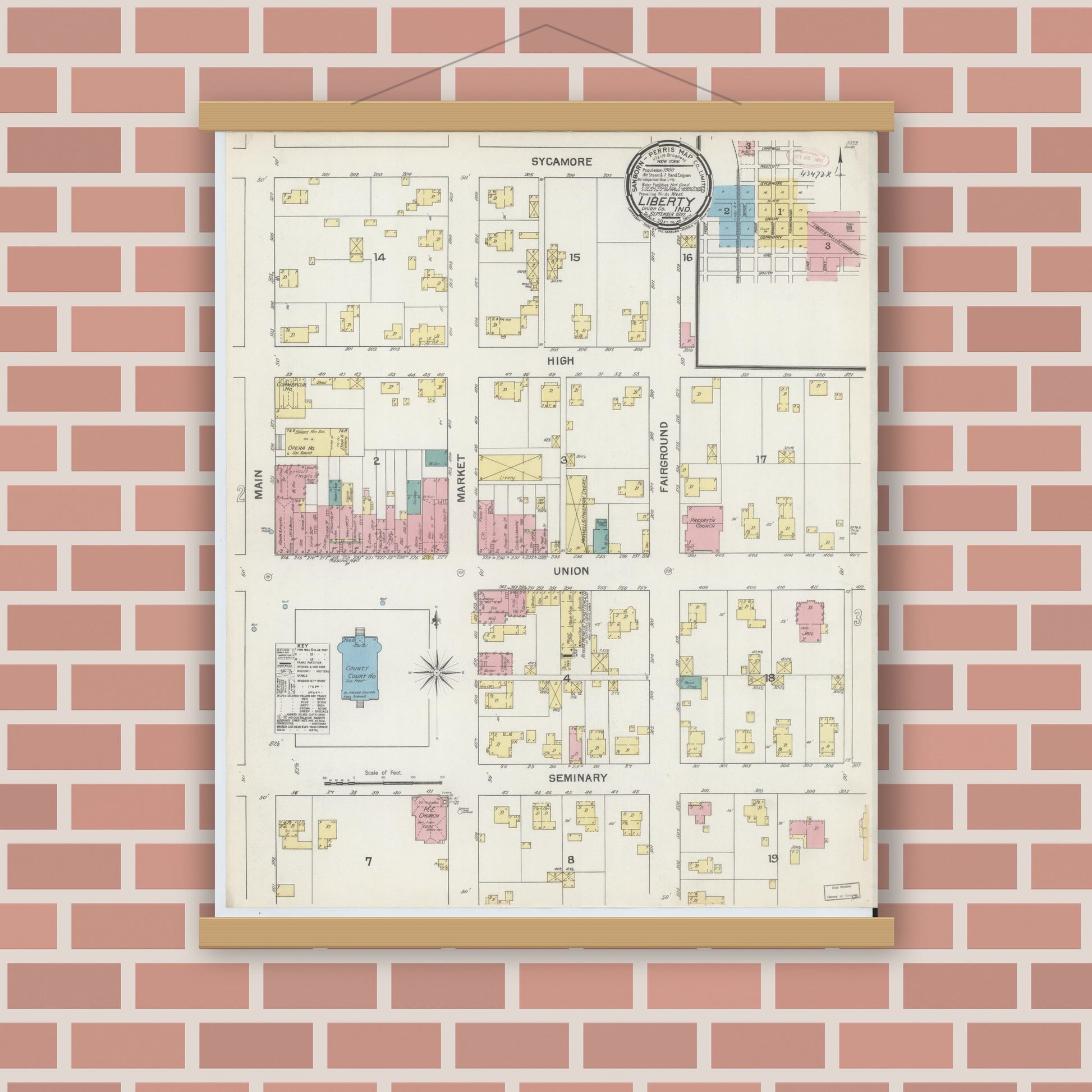Old map wall art mockup — magnetic wood frame on brick wall — Sanborn Fire Insurance Map from Liberty, Union County, Indiana (1892) - Complete Map Set