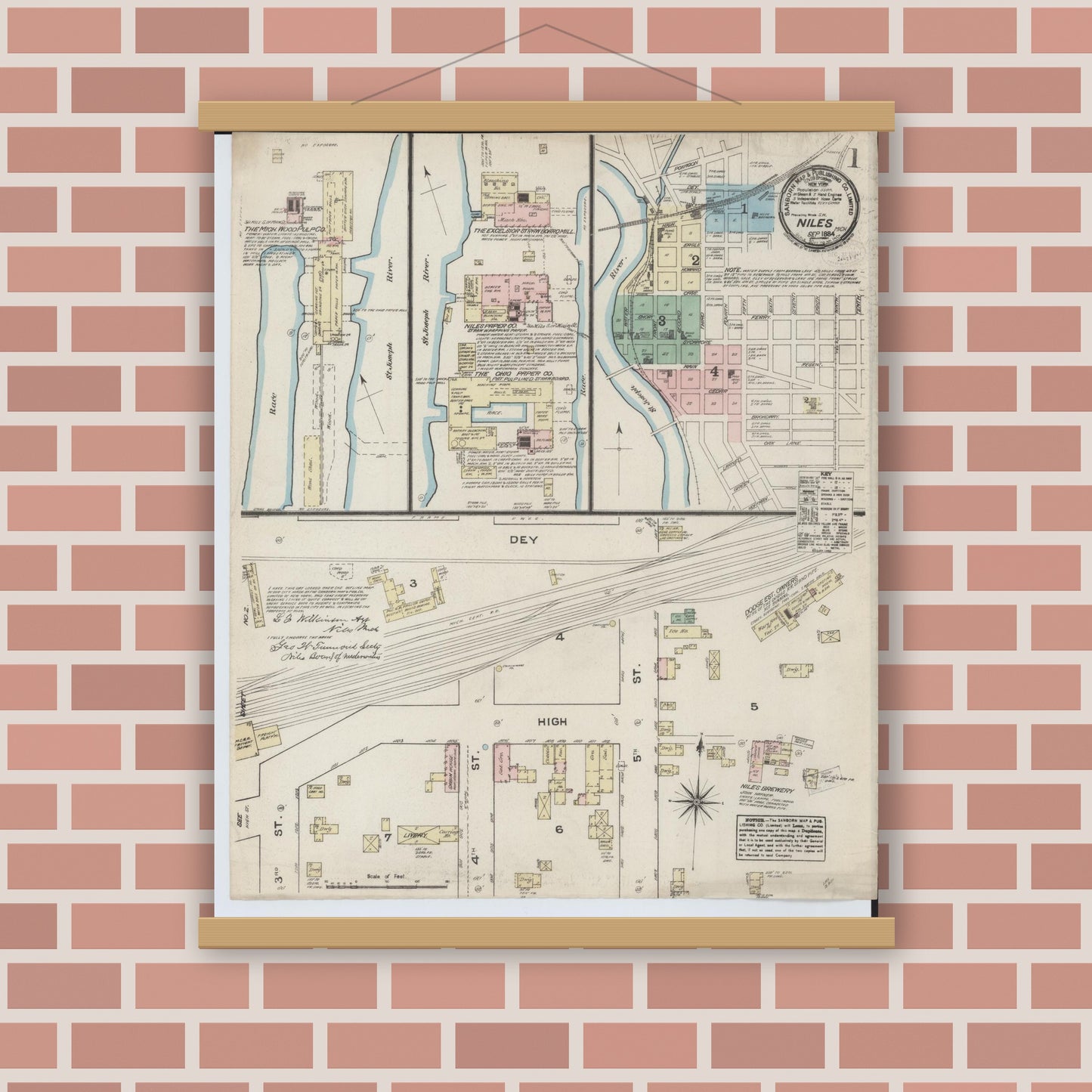 Old map wall art mockup — magnetic wood frame on brick wall — Sanborn Fire Insurance Map from Niles, Berrien County, Michigan (1884) - Complete Map Set