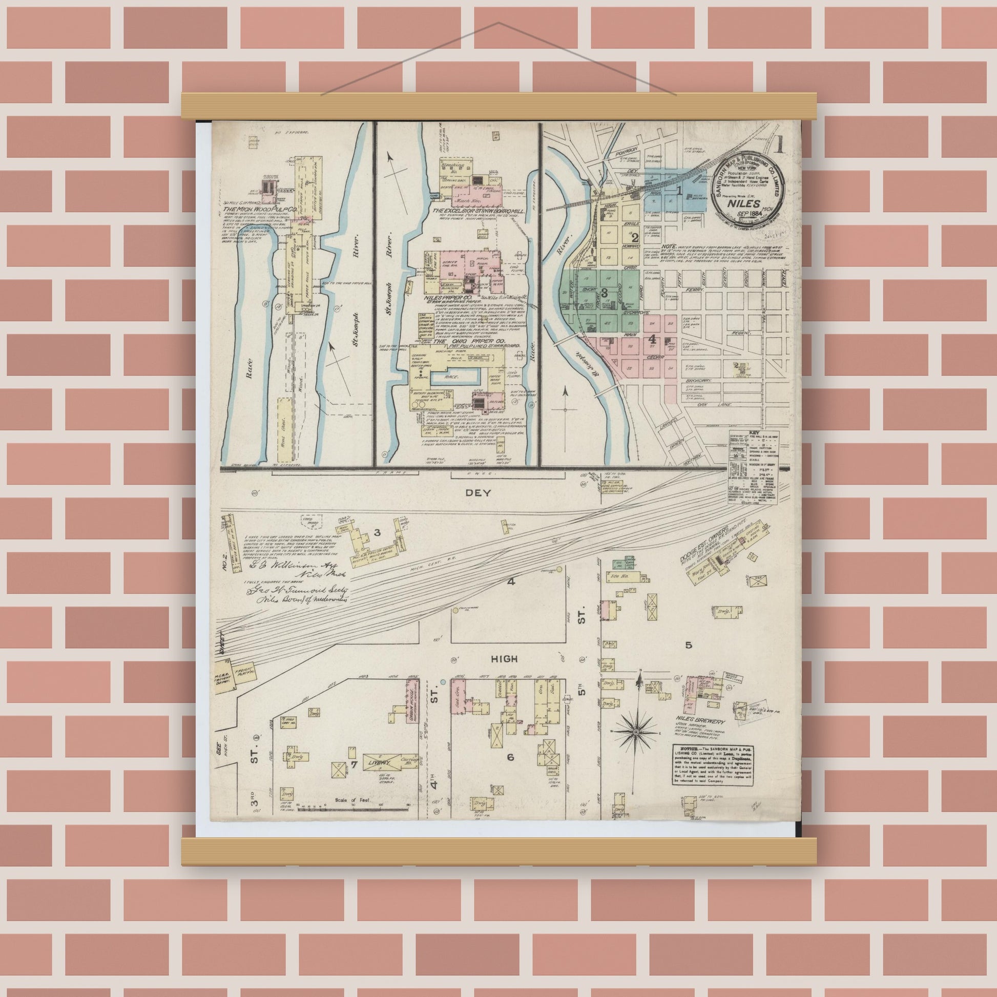 Old map wall art mockup — magnetic wood frame on brick wall — Sanborn Fire Insurance Map from Niles, Berrien County, Michigan (1884) - Complete Map Set