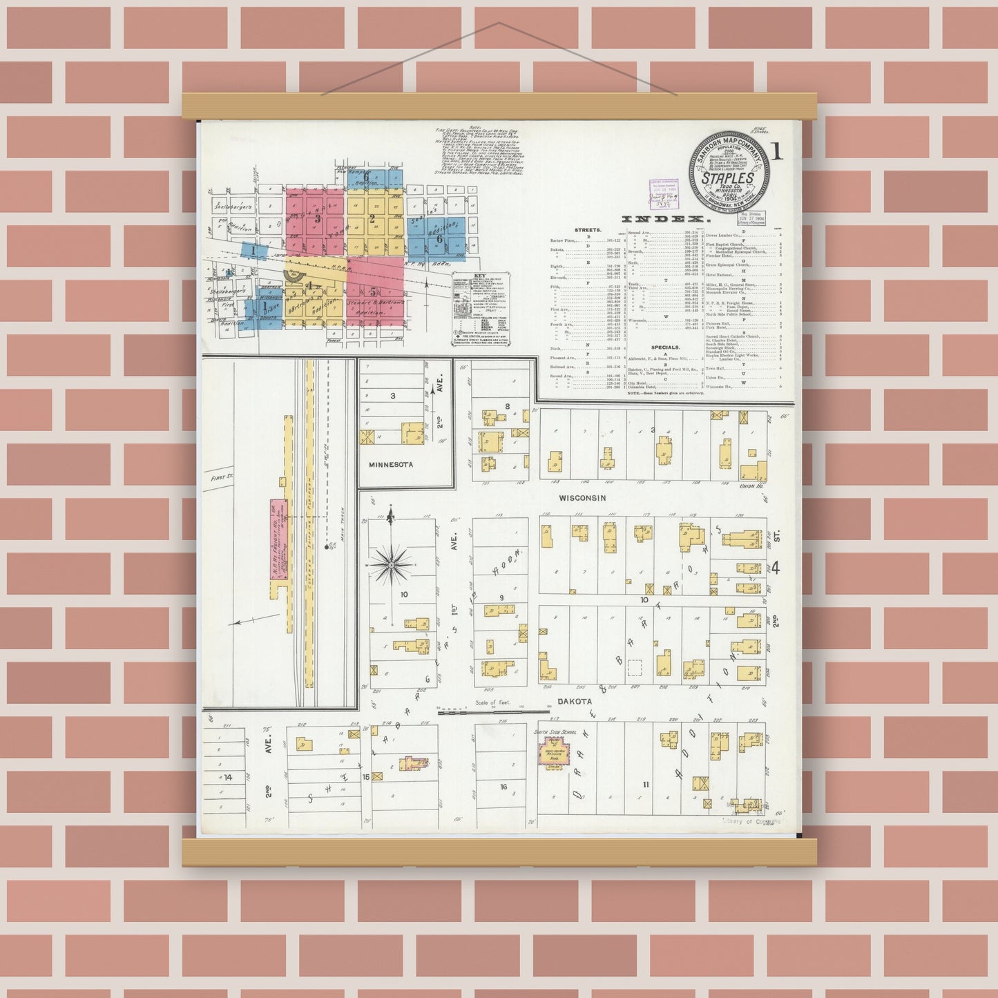 Old map wall art mockup — magnetic wood frame on brick wall — Sanborn Fire Insurance Map from Staples, Todd County, Minnesota (1904) - Complete Map Set
