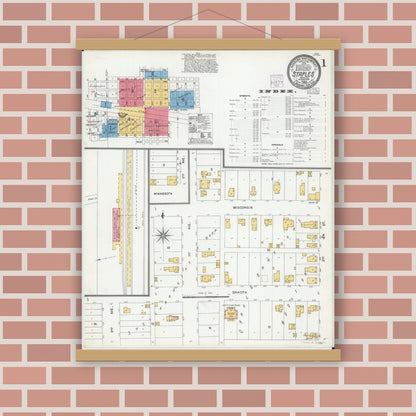 Old map wall art mockup — magnetic wood frame on brick wall — Sanborn Fire Insurance Map from Staples, Todd County, Minnesota (1904) - Complete Map Set