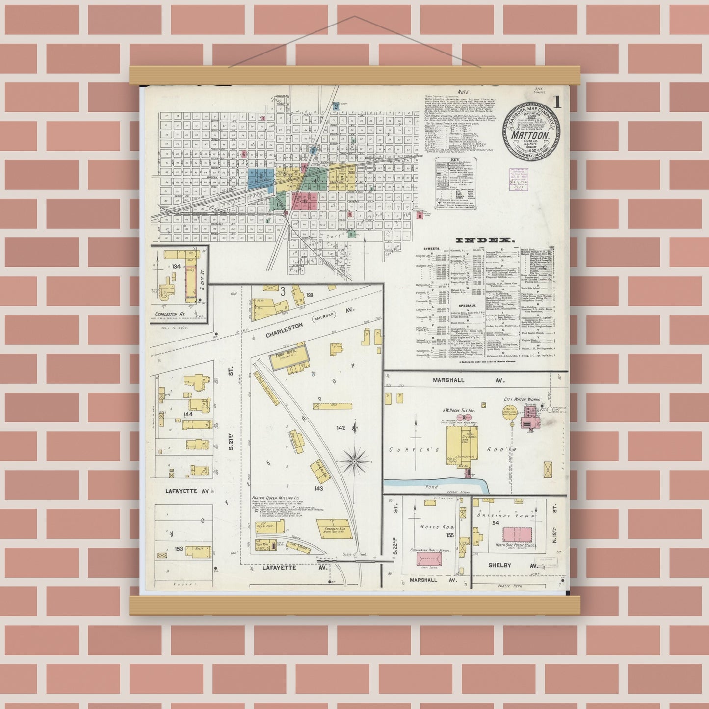 Old map wall art mockup — magnetic wood frame on brick wall — Sanborn Fire Insurance Map from Mattoon, Coles County, Illinois (1902) - Complete Map Set