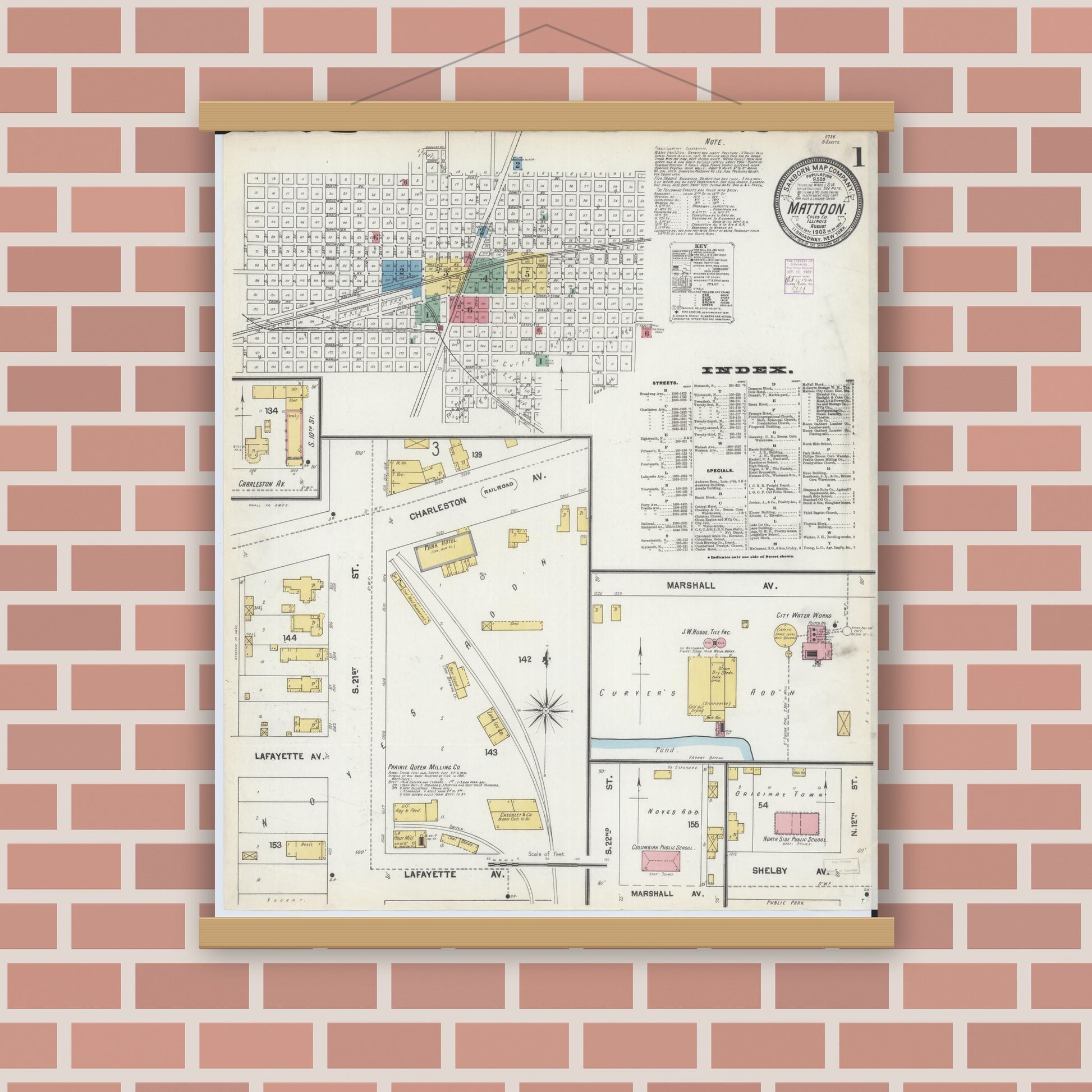 Old map wall art mockup — magnetic wood frame on brick wall — Sanborn Fire Insurance Map from Mattoon, Coles County, Illinois (1902) - Complete Map Set