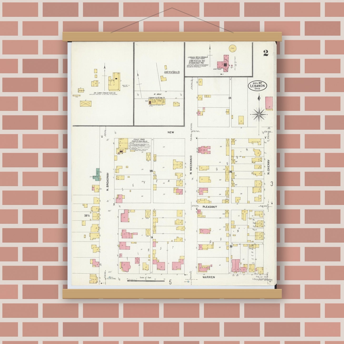 Old map wall art mockup — magnetic wood frame on brick wall — Sanborn Fire Insurance Map from Lebanon, Warren County, Ohio (1907), Sheet #0002