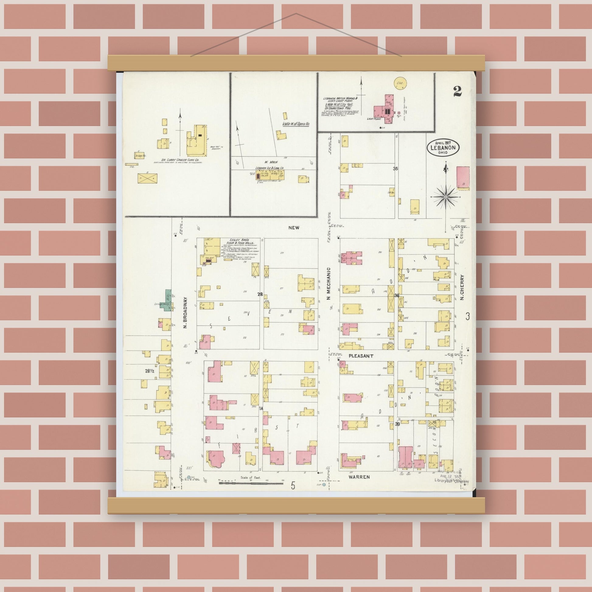 Old map wall art mockup — magnetic wood frame on brick wall — Sanborn Fire Insurance Map from Lebanon, Warren County, Ohio (1907), Sheet #0002