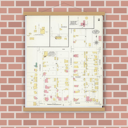 Old map wall art mockup — magnetic wood frame on brick wall — Sanborn Fire Insurance Map from Lebanon, Warren County, Ohio (1907), Sheet #0002