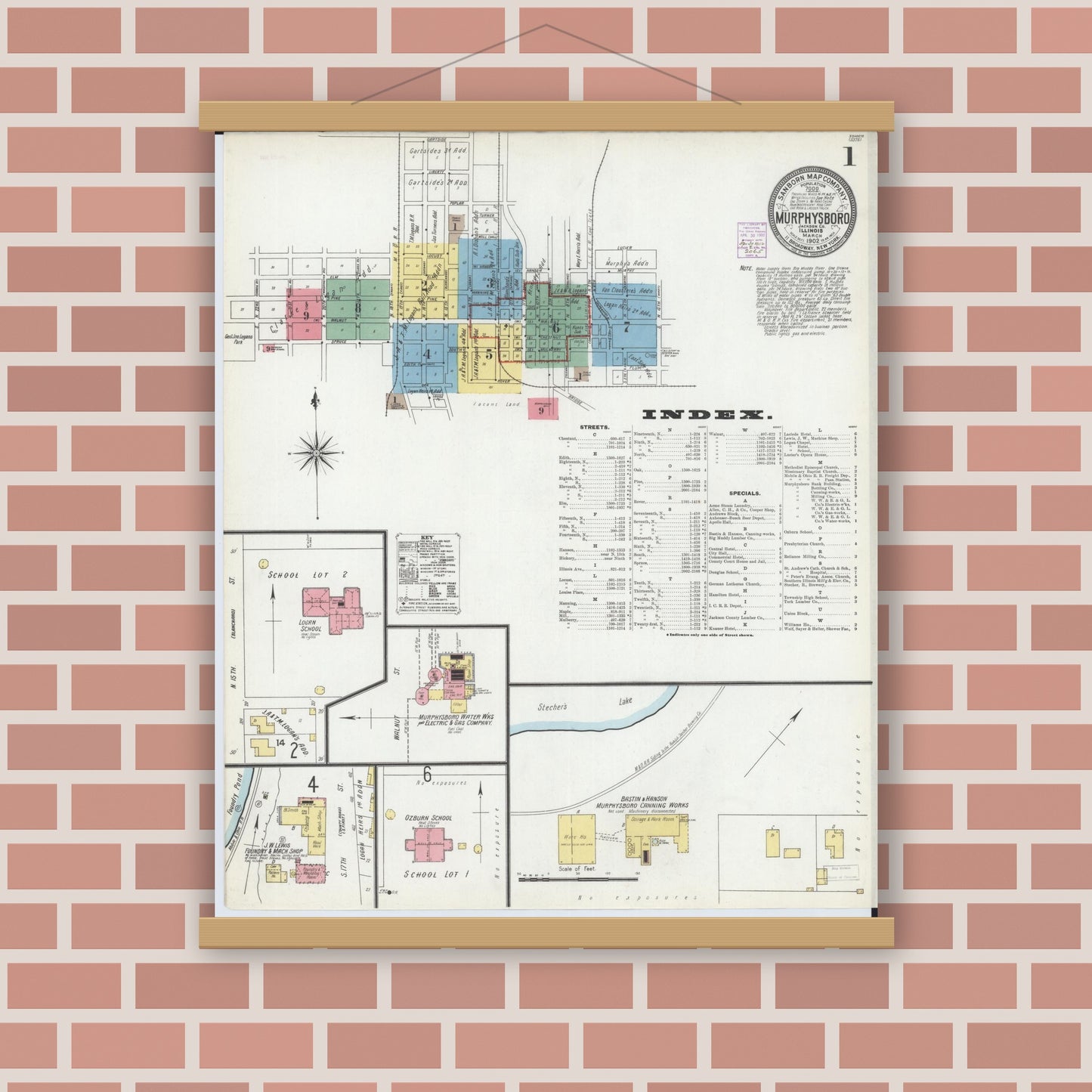 Old map wall art mockup — magnetic wood frame on brick wall — Sanborn Fire Insurance Map from Murphysboro, Jackson County, Illinois (1902) - Complete Map Set