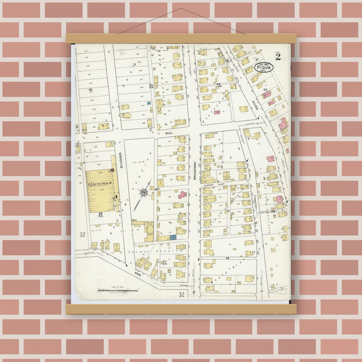 Old map wall art mockup — magnetic wood frame on brick wall — Sanborn Fire Insurance Map from Piqua, Miami County, Ohio (1920), Sheet #0002