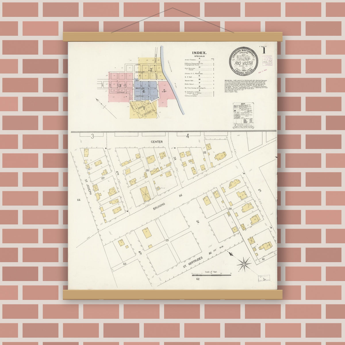Old map wall art mockup — magnetic wood frame on brick wall — Sanborn Fire Insurance Map from Rio Vista, Solano County, California (1908) - Complete Map Set