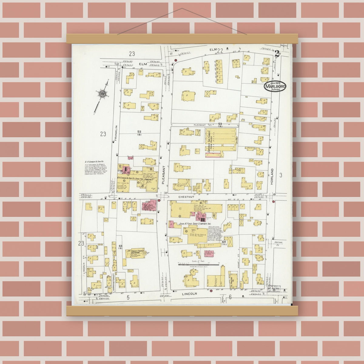Old map wall art mockup — magnetic wood frame on brick wall — Sanborn Fire Insurance Map from Marlborough, Middlesex County, Massachusetts (1920), Sheet #0002