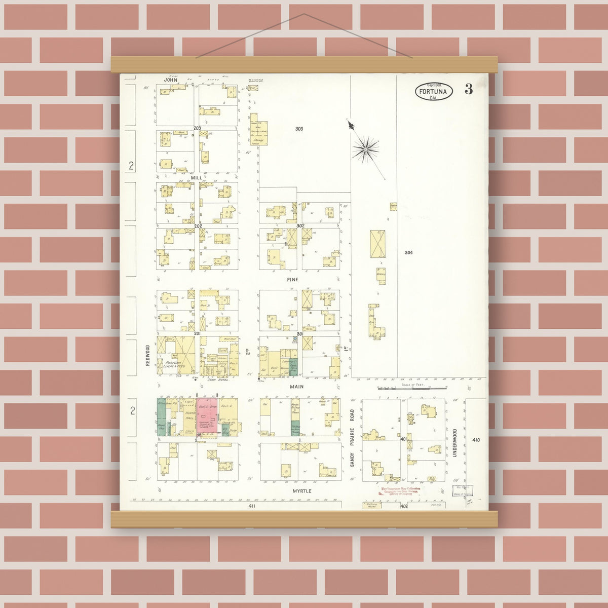 Old map wall art mockup — magnetic wood frame on brick wall — Sanborn Fire Insurance Map from Fortuna, Humboldt County, California (1900), Sheet #0003