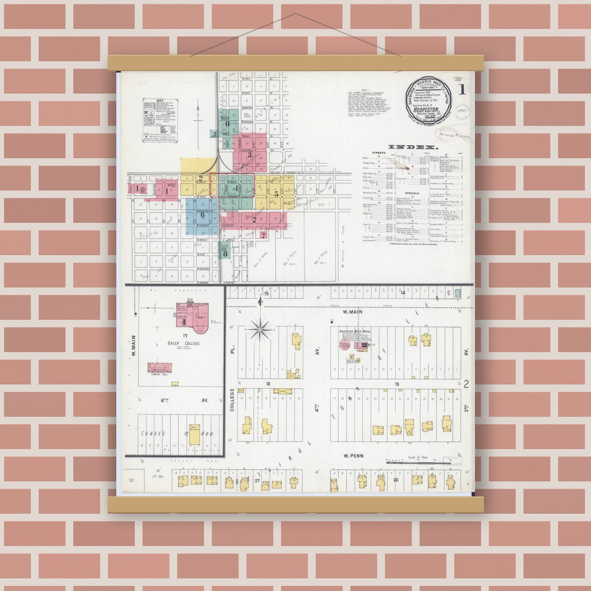 Old map wall art mockup — magnetic wood frame on brick wall — Sanborn Fire Insurance Map from Hoopeston, Vermilion County, Illinois (1899), Sheet #0001