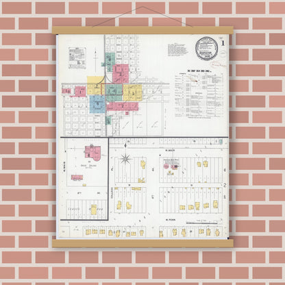 Old map wall art mockup — magnetic wood frame on brick wall — Sanborn Fire Insurance Map from Hoopeston, Vermilion County, Illinois (1899), Sheet #0001