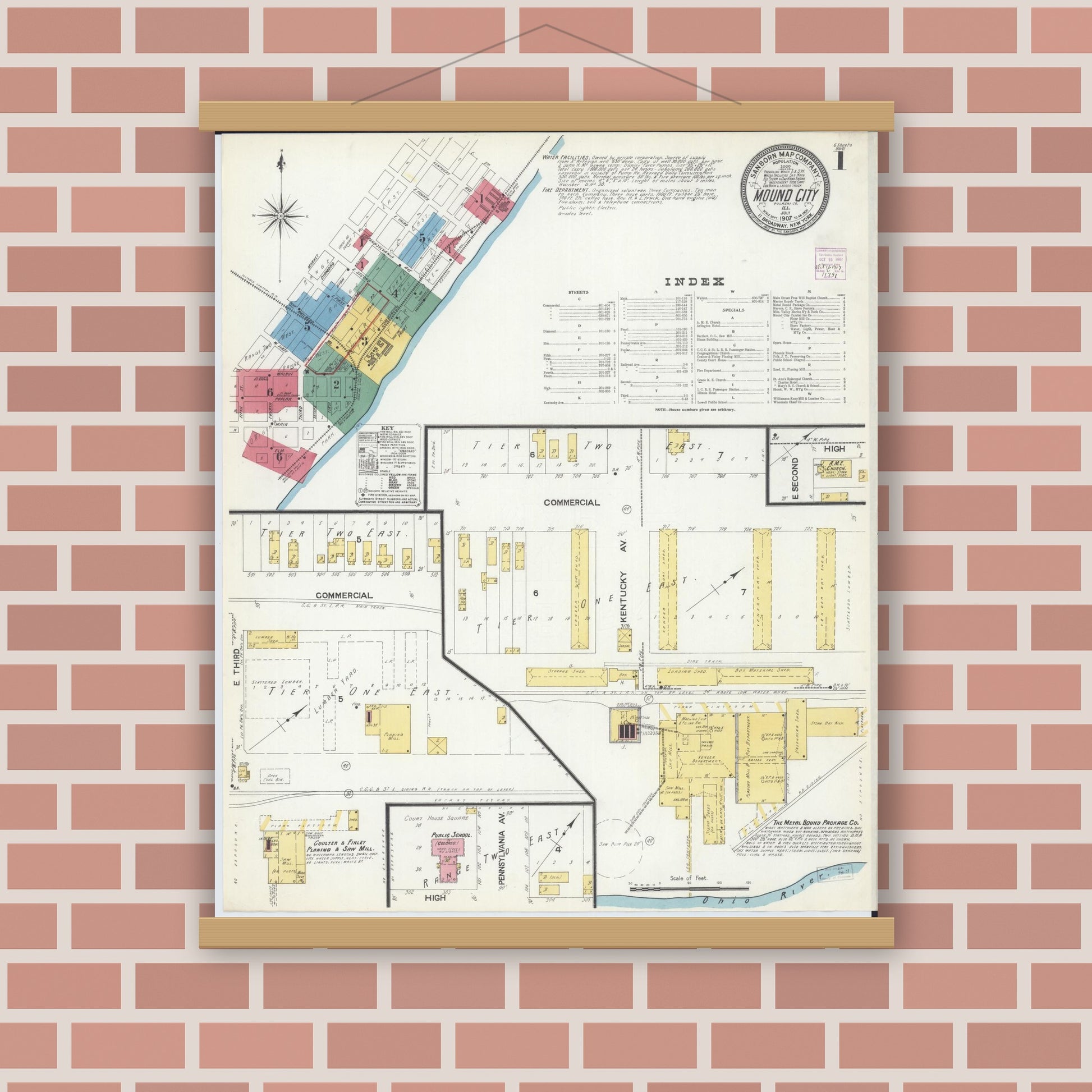 Old map wall art mockup — magnetic wood frame on brick wall — Sanborn Fire Insurance Map from Mound City, Pulaski County, Illinois (1907) - Complete Map Set