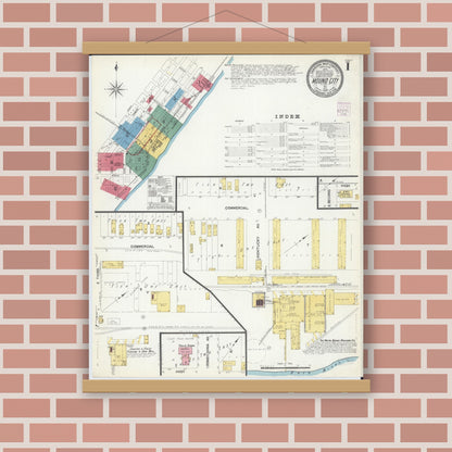 Old map wall art mockup — magnetic wood frame on brick wall — Sanborn Fire Insurance Map from Mound City, Pulaski County, Illinois (1907) - Complete Map Set