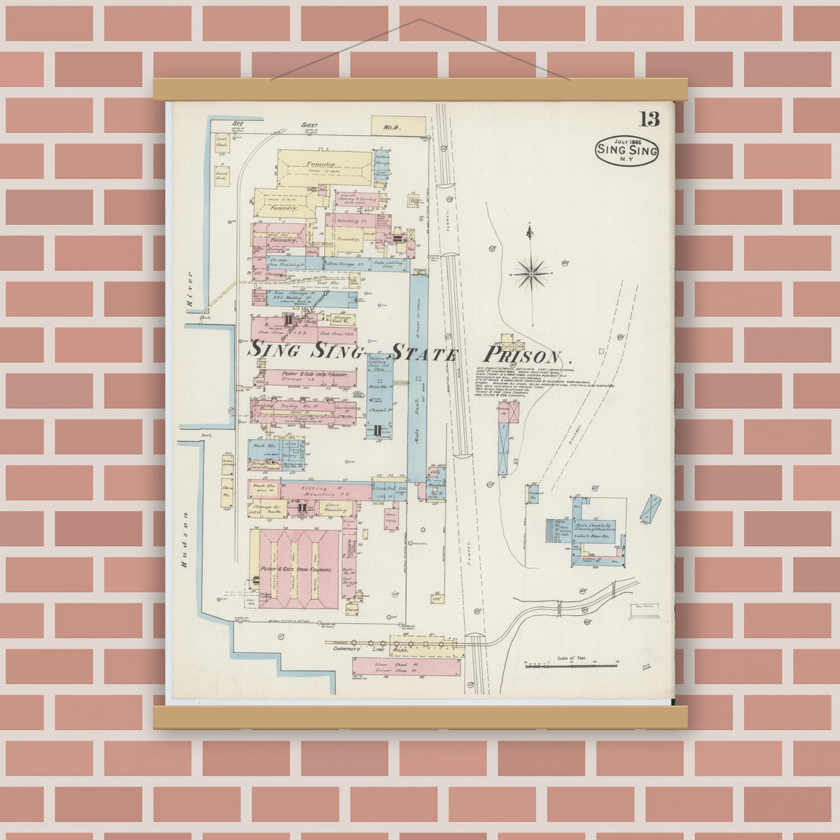 Old map wall art mockup — magnetic wood frame on brick wall — Sanborn Fire Insurance Map from Sing Sing, Westchester County, New York (1886), Sheet #0013