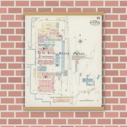 Old map wall art mockup — magnetic wood frame on brick wall — Sanborn Fire Insurance Map from Sing Sing, Westchester County, New York (1886), Sheet #0013