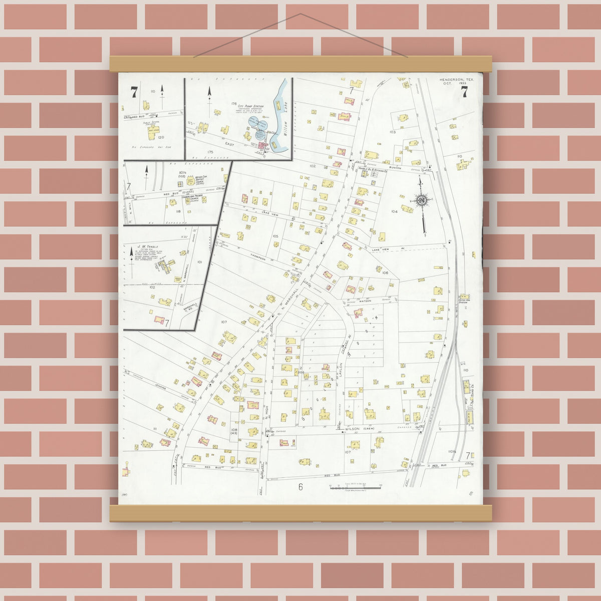 Old map wall art mockup — magnetic wood frame on brick wall — Sanborn Fire Insurance Map from Henderson, Rusk County, Texas (1933), Sheet #0007