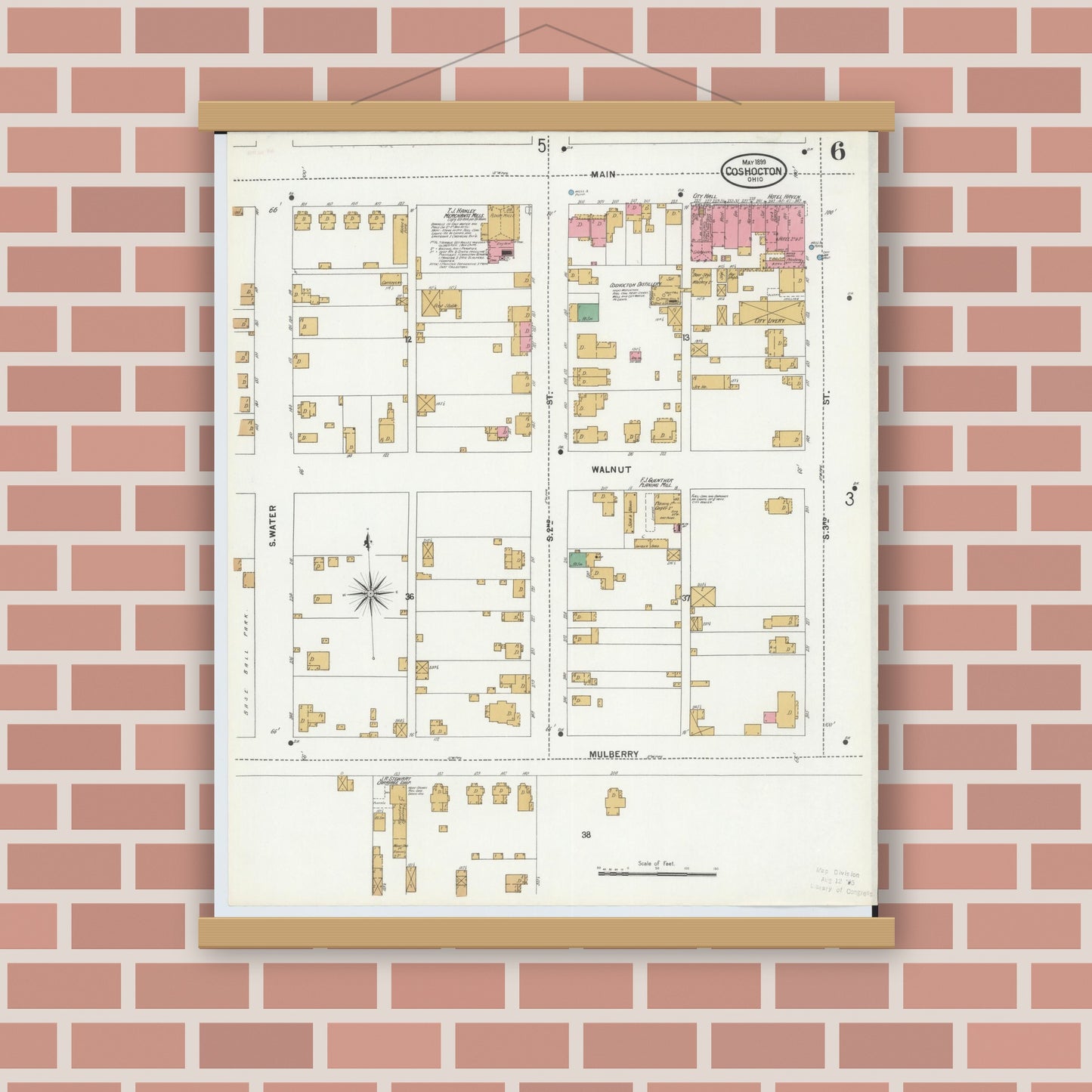 Old map wall art mockup — magnetic wood frame on brick wall — Sanborn Fire Insurance Map from Coshocton, Coshocton County, Ohio (1899), Sheet #0006
