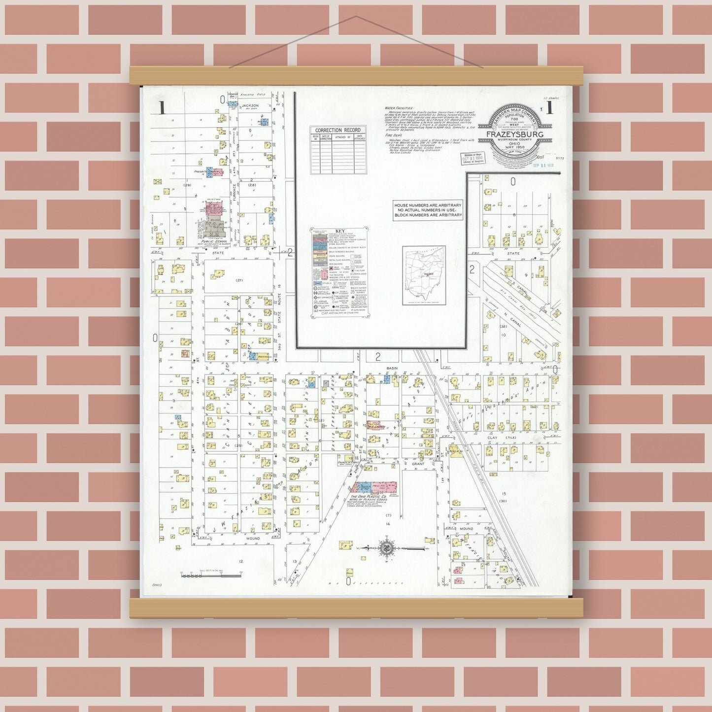 Old map wall art mockup — magnetic wood frame on brick wall — Sanborn Fire Insurance Map from Frazeysburg, Muskingum County, Ohio (1950) - Complete Map Set