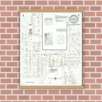 Old map wall art mockup — magnetic wood frame on brick wall — Sanborn Fire Insurance Map from Frazeysburg, Muskingum County, Ohio (1950) - Complete Map Set