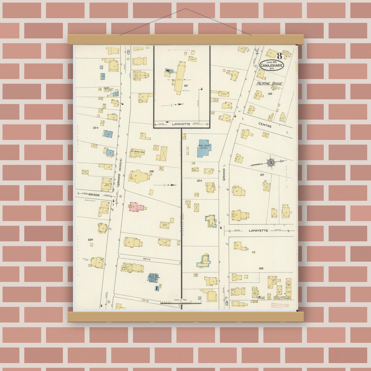 Old map wall art mockup — magnetic wood frame on brick wall — Sanborn Fire Insurance Map from Canajoharie, Montgomery County, New York (1915), Sheet #0008