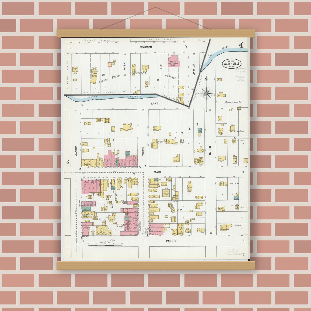 Old map wall art mockup — magnetic wood frame on brick wall — Sanborn Fire Insurance Map from Waterville, Le Sueur County, Minnesota (1900), Sheet #0004