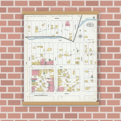 Old map wall art mockup — magnetic wood frame on brick wall — Sanborn Fire Insurance Map from Waterville, Le Sueur County, Minnesota (1900), Sheet #0004