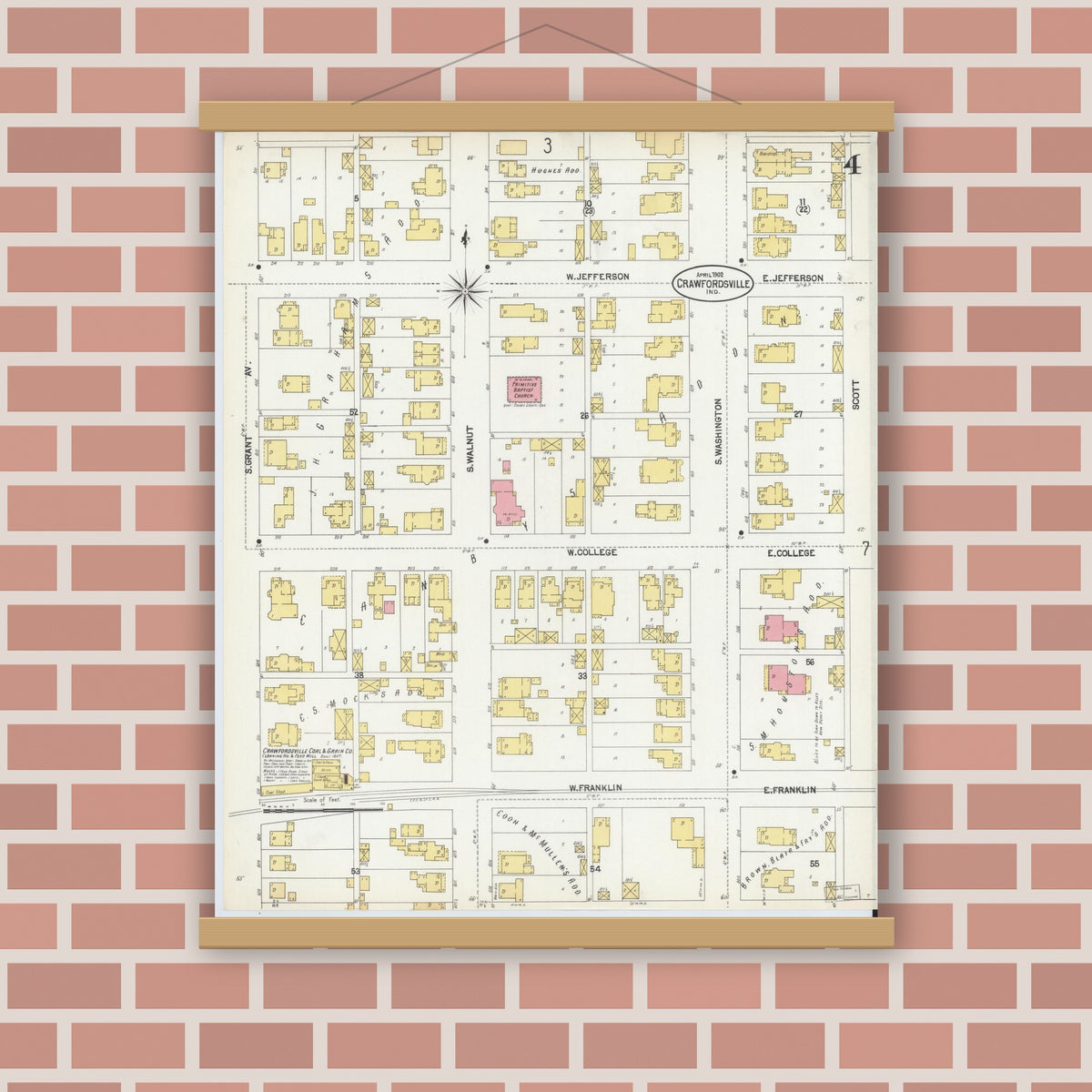 Old map wall art mockup — magnetic wood frame on brick wall — Sanborn Fire Insurance Map from Crawfordsville, Montgomery County, Indiana (1902), Sheet #0004