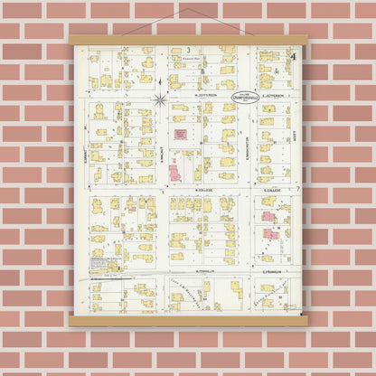 Old map wall art mockup — magnetic wood frame on brick wall — Sanborn Fire Insurance Map from Crawfordsville, Montgomery County, Indiana (1902), Sheet #0004