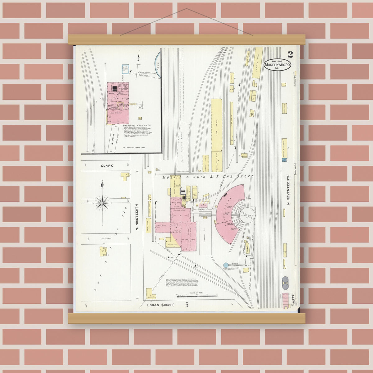 Old map wall art mockup — magnetic wood frame on brick wall — Sanborn Fire Insurance Map from Murphysboro, Jackson County, Illinois (1909), Sheet #0002