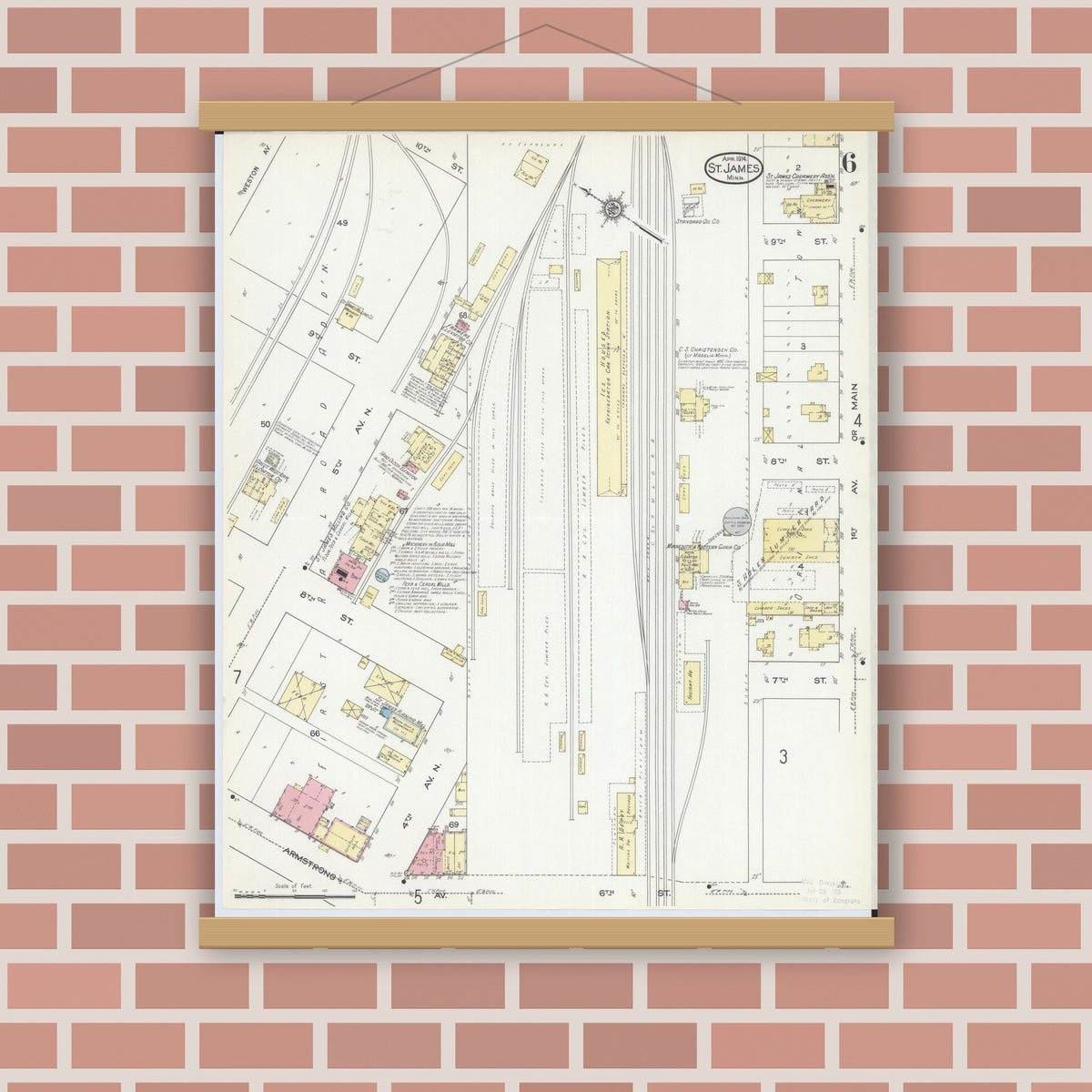 Old map wall art mockup — magnetic wood frame on brick wall — Sanborn Fire Insurance Map from Saint James, Watonwan County, Minnesota (1914), Sheet #0006