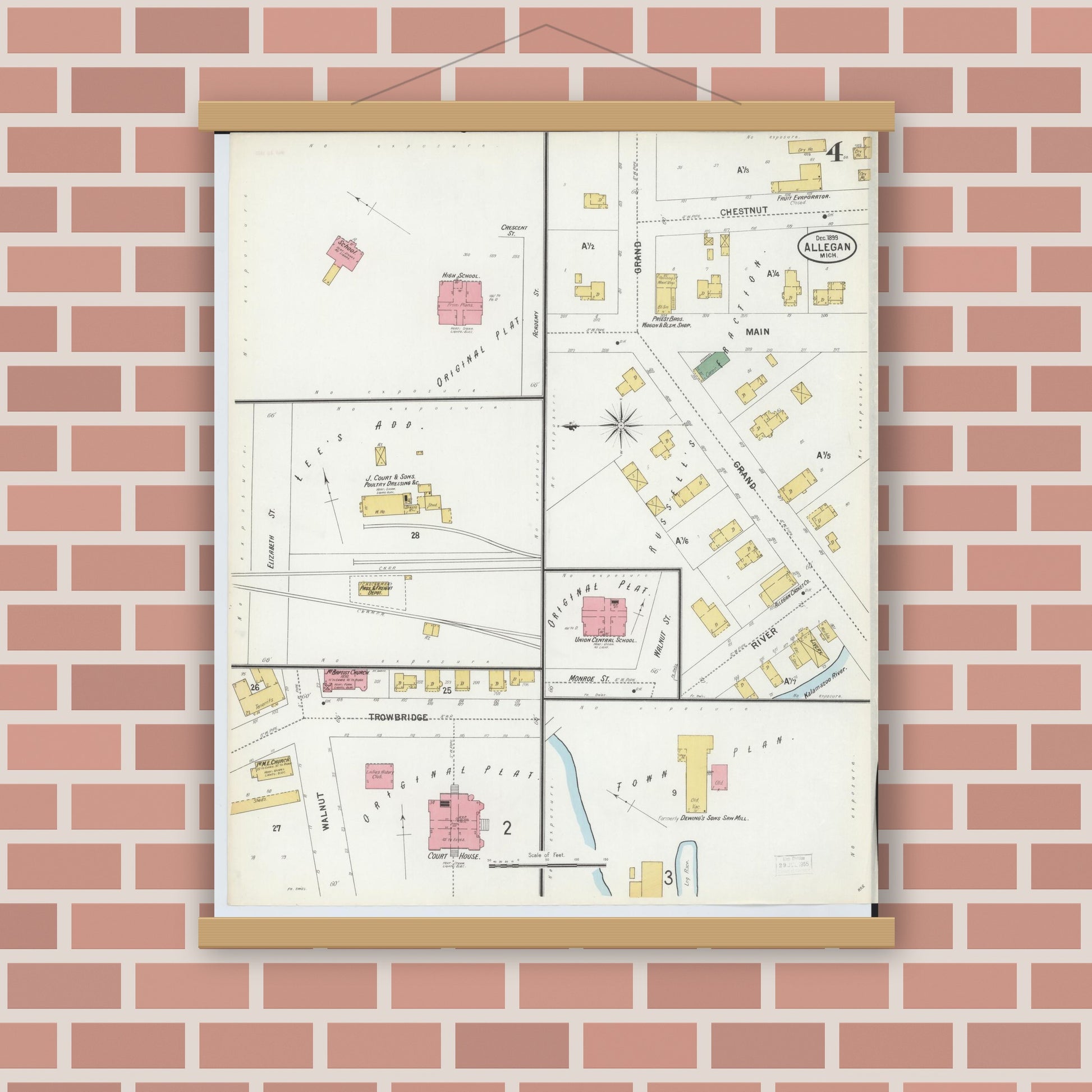 Old map wall art mockup — magnetic wood frame on brick wall — Sanborn Fire Insurance Map from Allegan, Allegan County, Michigan (1899), Sheet #0004